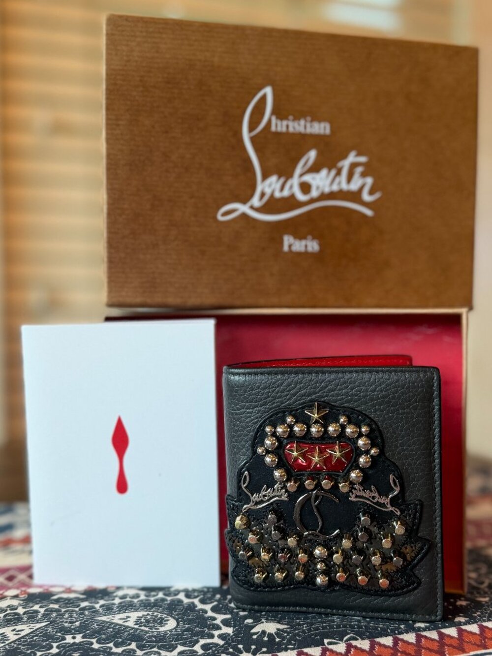 Christian Louboutin Black Studded Crown Bifold Compact Wallet with Box, EUC